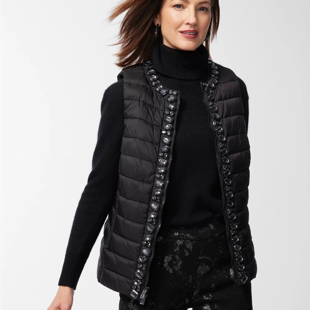 CHICO’S Black Quilted Puffer Vest with Embellished Trim 0